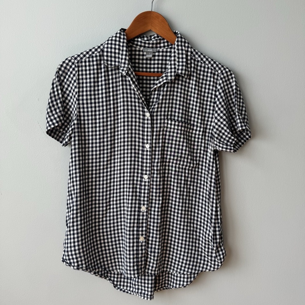 Aerie Women's Navy Blue & White Gingham Check Short Sleeve Button Down Shirt S
